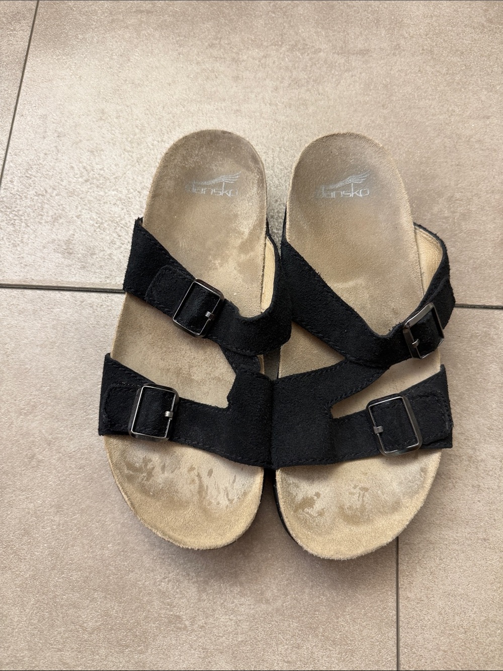 Dansko Black Suede Double Buckle Slide Sandals